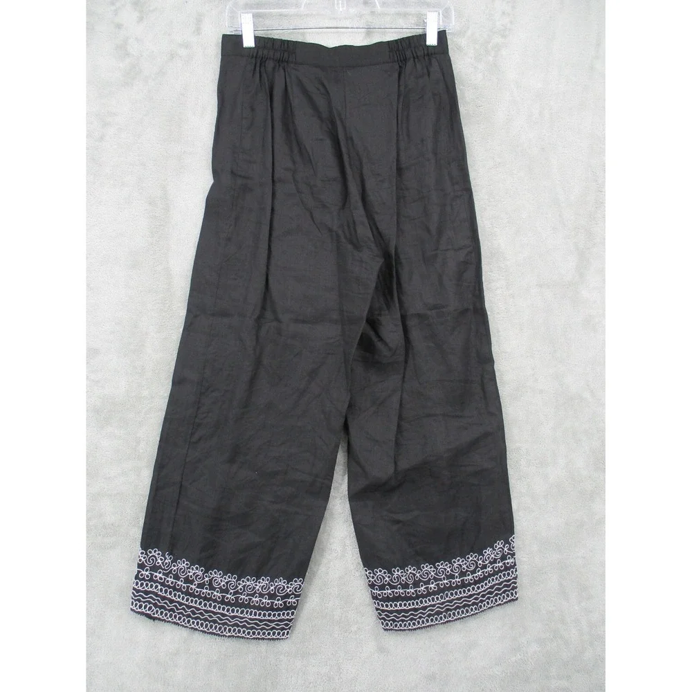 Vintage Georgiou Studio Pants Womens Size S Linen Embroidered Hem Wide Leg Black